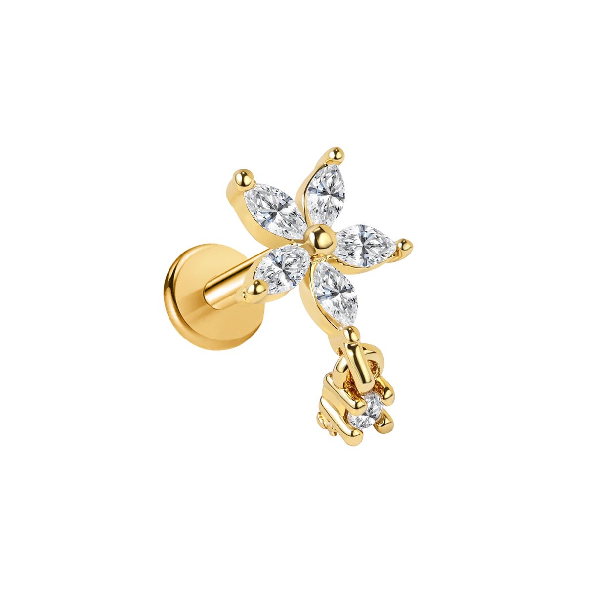 Labret/helix/tragus piercing in gold surgical steel flower motif with a pendant
