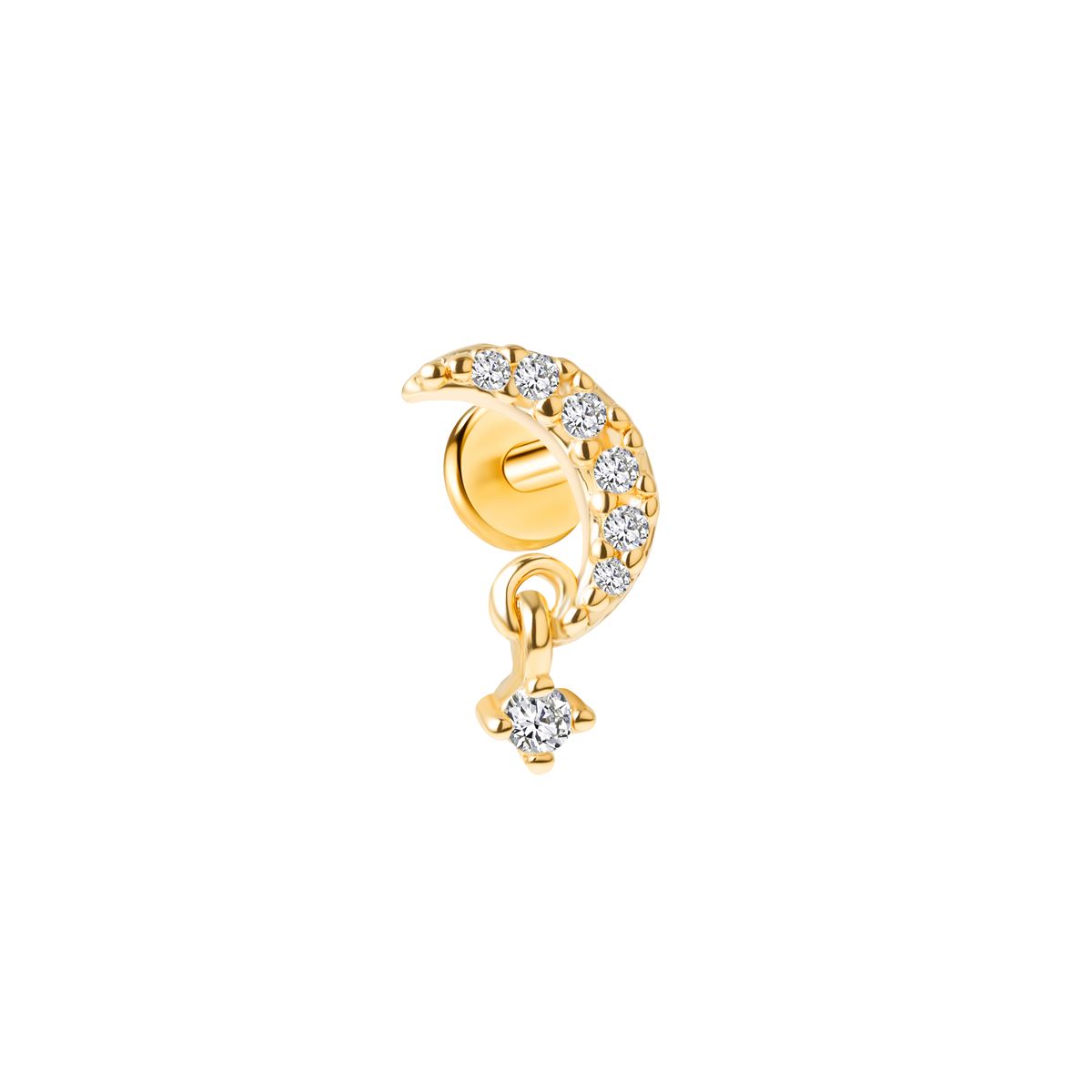 Labret/helix/tragus piercing in gold surgical steel moon covered with crystals and a pendant