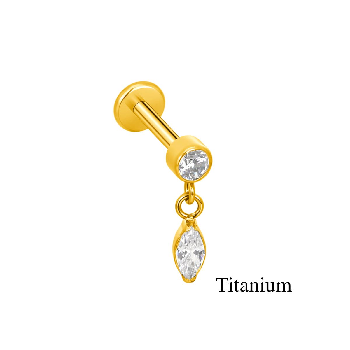 Labret/helix/tragus piercing in goud titanium met een kristal en een hangertje