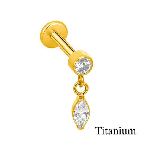 Labret/helix/tragus piercing in gold titanium with a crystal and a pendant