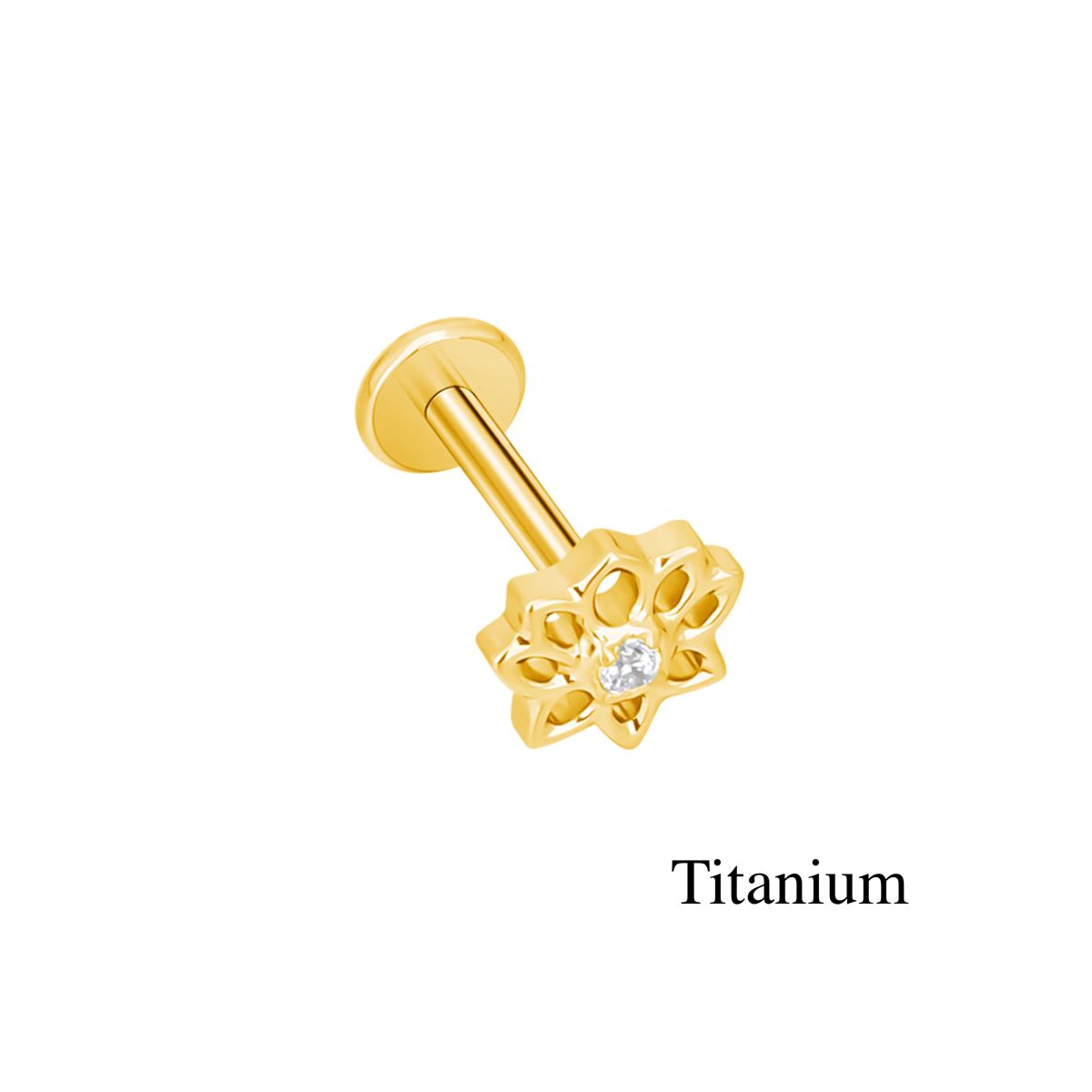Labret/helix/tragus piercing in goud titanium bloem met een witte kristal