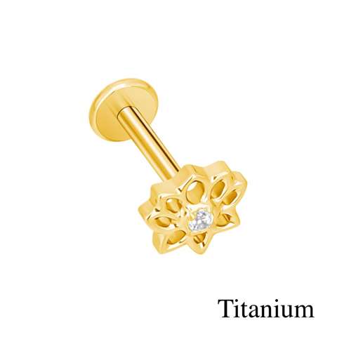 Labret/helix/tragus piercing in gold titanium flower with a white crystal