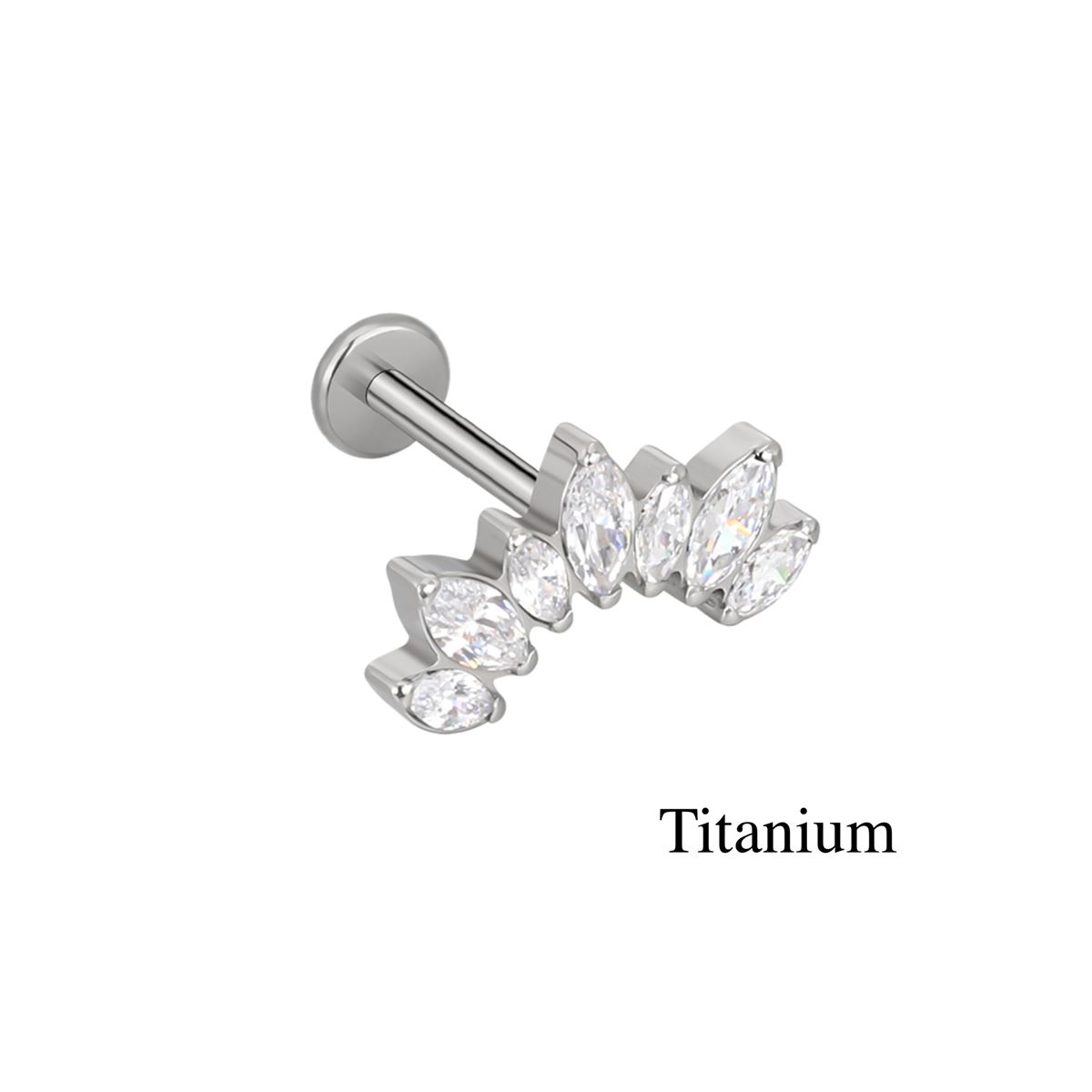 Labret/helix/tragus piercing in titanium motief met 7 witte kristallen