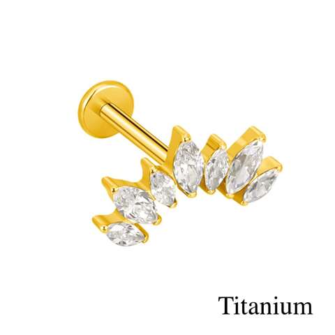 Labret/helix/tragus piercing in gold titanium loop with 7 white crystals