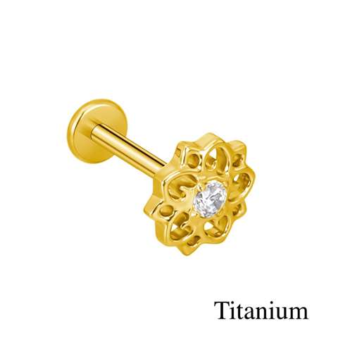 Labret/helix/tragus piercing in gold titanium flower motif with a white crystal