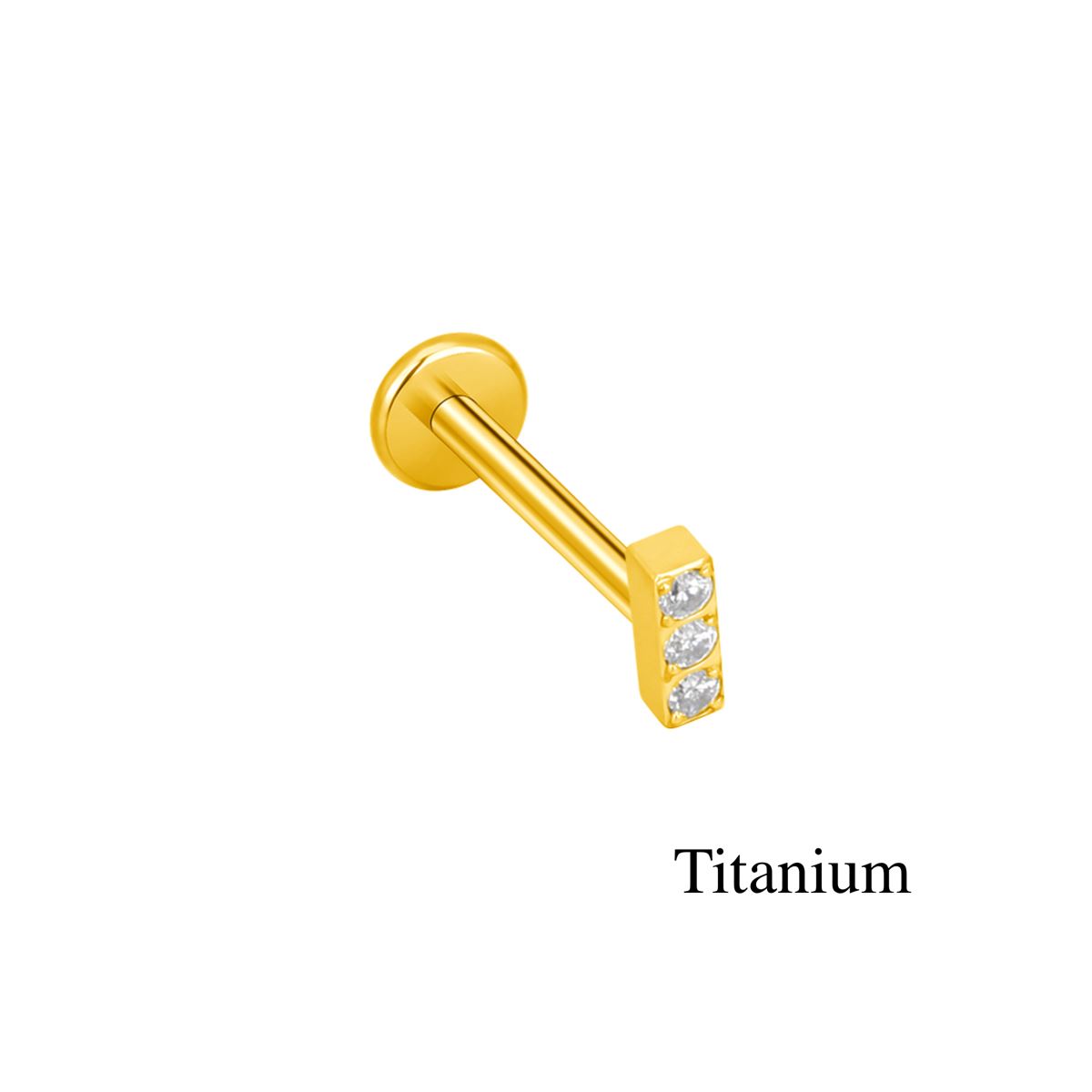Labret/helix/tragus piercing in gold titanium rod with 3 white crystals