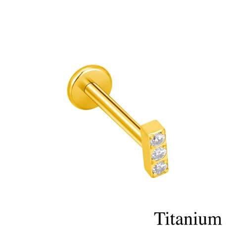 Labret/helix/tragus piercing in goud titanium staafje met 3 witte kristallen