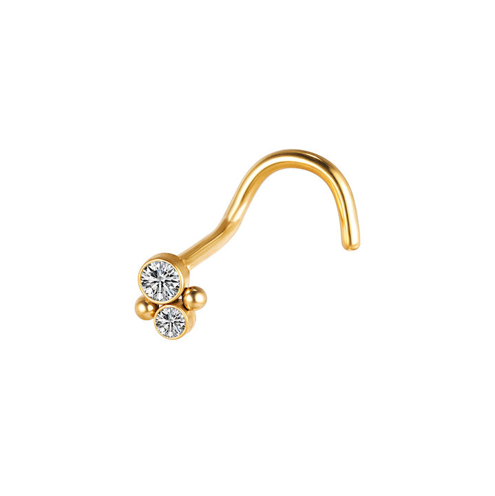 Piercing de nez en acier doré chirurgical-courbé avec 2 cristaux blancs