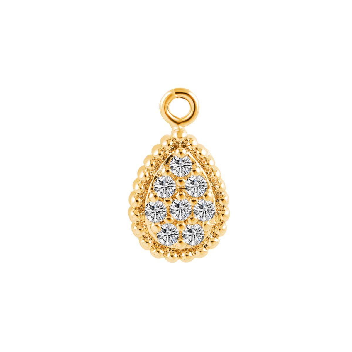 Charm in steel-gold colour with a drop and covered with white crystals