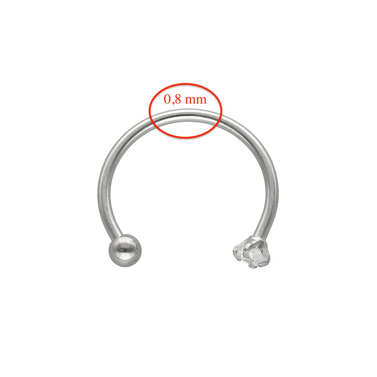 Fer à cheval en acier chirurgical avec un cristal prong blanc, extra fin 0.8mm