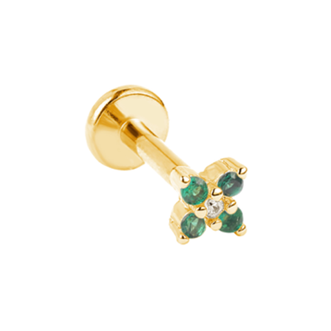 Labret/Tragus/Helix Piercing aus Chirurgenstahl-goldfarbig Quadrat mit 4 grünen Kristallen