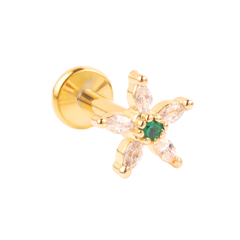 Labret/Tragus/Helix Piercing aus Chirurgenstahl-goldfarbig Blumenmotiv mit grünem Kristall