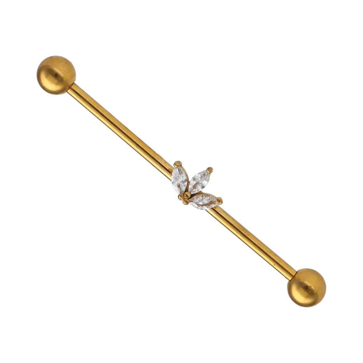 Industrial Piercing aus chirurgischem Stahl in Gold mit drei Kristallen