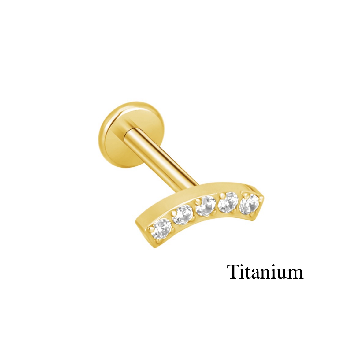 Labret/helix/tragus piercing in gold titanium loop covered with white crystals