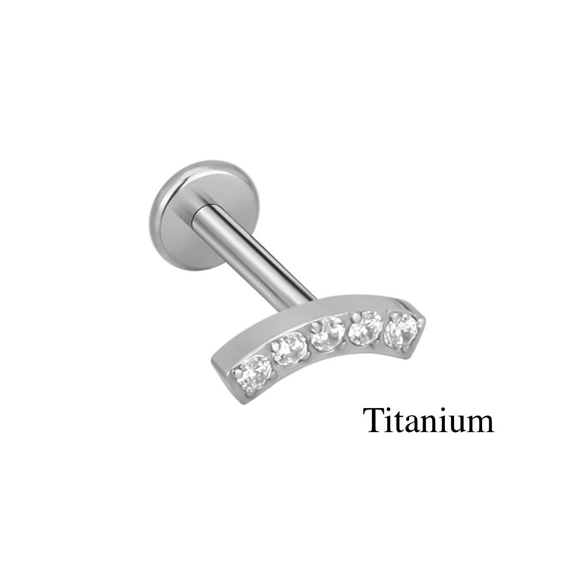 Labret/helix/tragus piercing in titanium loop covered with white crystals