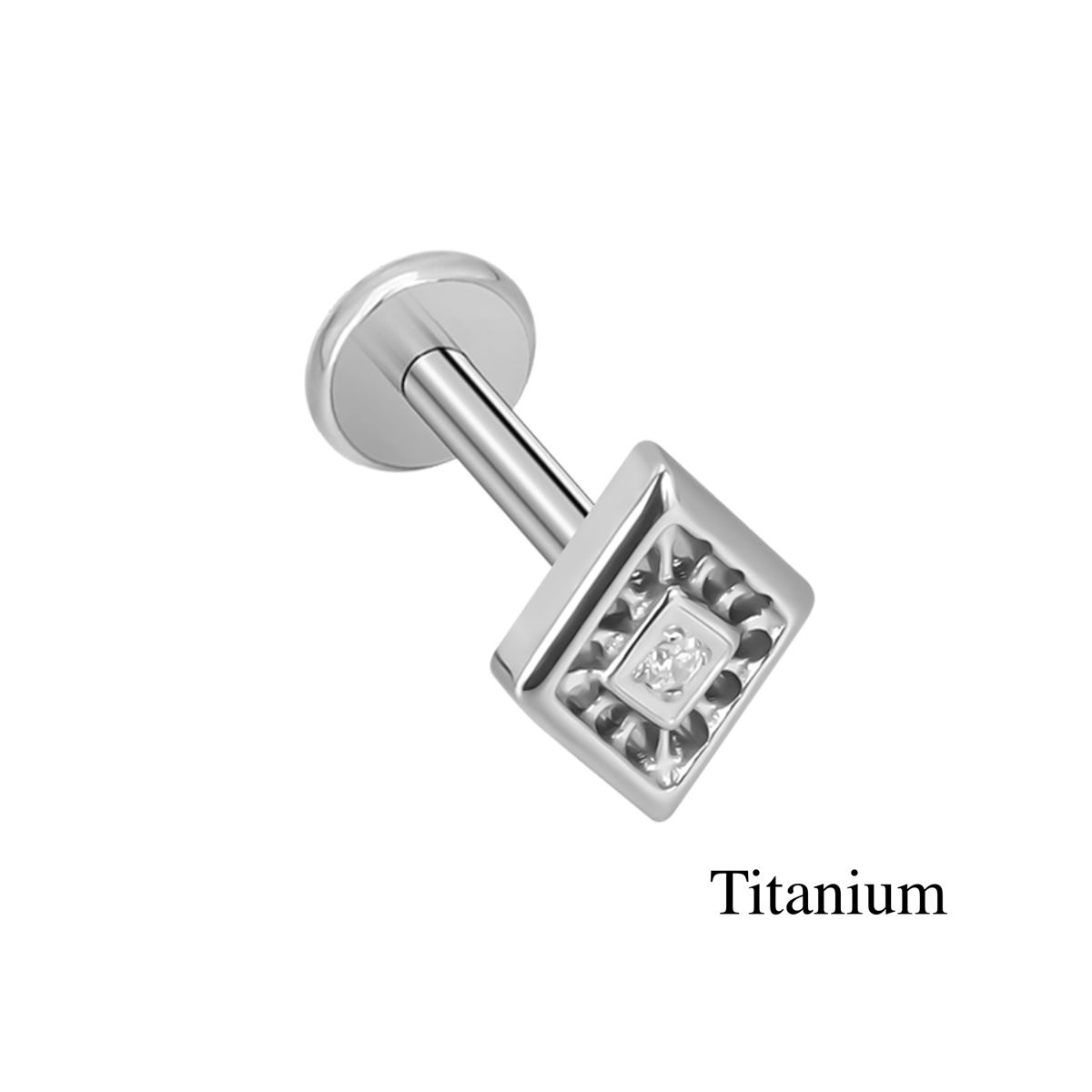 Labret/helix/tragus piercing in titanium F136 with a square motif and a white crystal