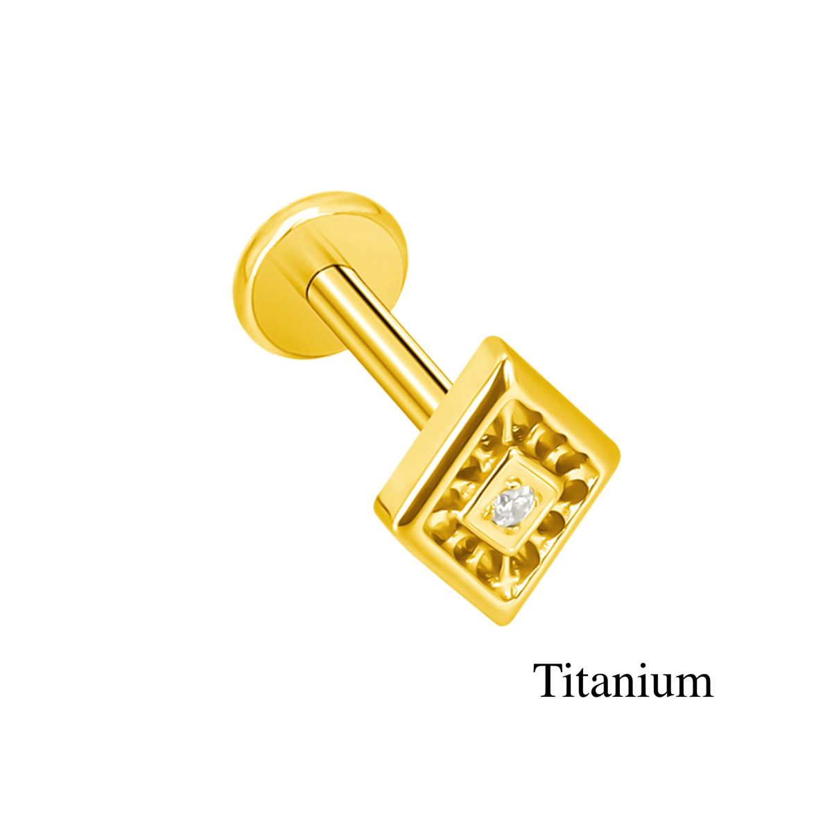 Labret/helix/tragus piercing in gold titanium F136 with a square motif and a white crystal