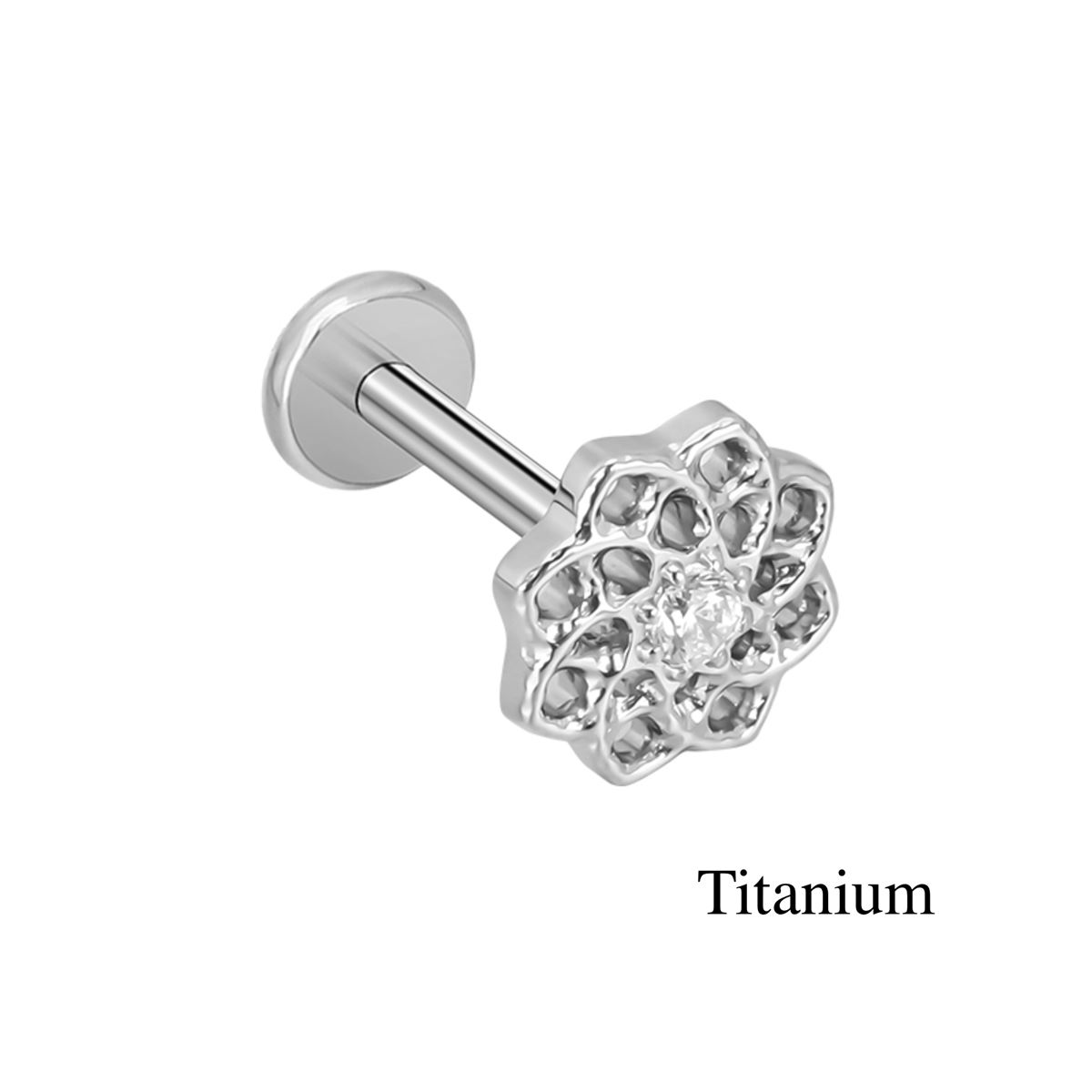 Labret/helix/tragus piercing in titanium F136 round motif with a white crystal