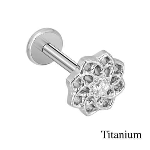 Labret/helix/tragus piercing in titanium F136 rond motief met een witte kristal
