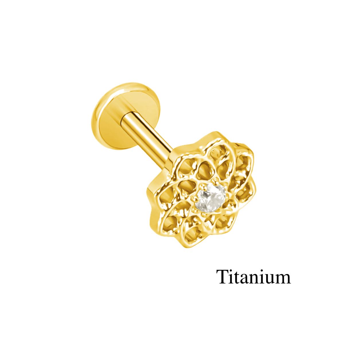 Labret/helix/tragus piercing in gold titanium F136 round motif with a white crystal
