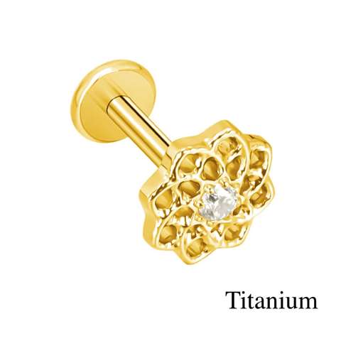 Labret/helix/tragus piercing in goud titanium F136 rond motief met een witte kristal