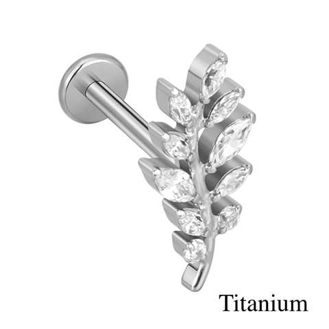 Labret/helix/tragus piercing in titanium F136 blad bedekt met witte kristallen