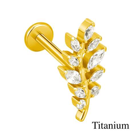 Labret/helix/tragus piercing in goud titanium F136 blad bedekt met witte kristallen