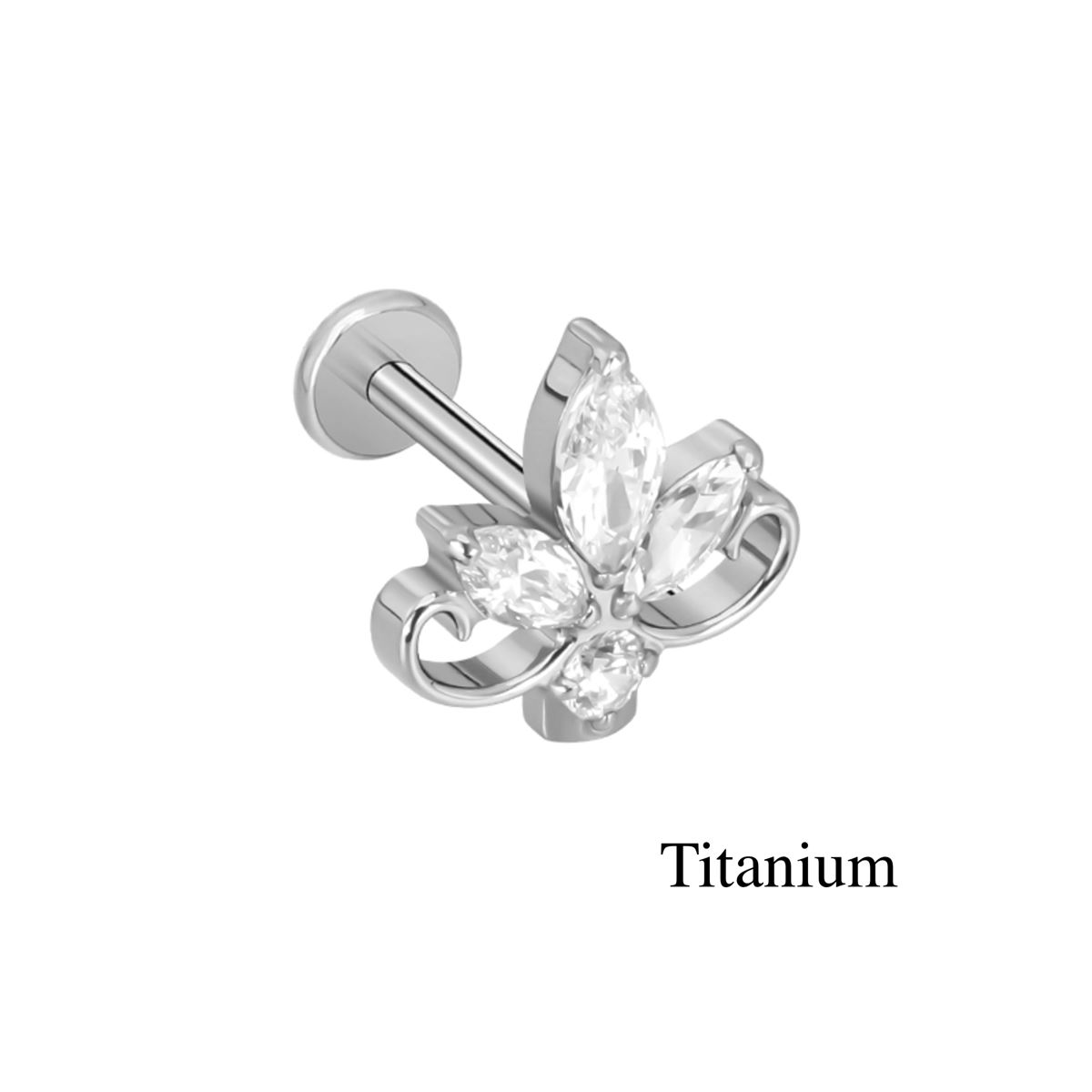 Labret/helix/tragus piercing in titanium F136 lotus with white crystals