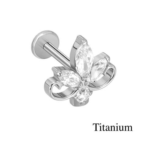 Labret/helix/tragus piercing in titanium F136 lotus met witte kristallen