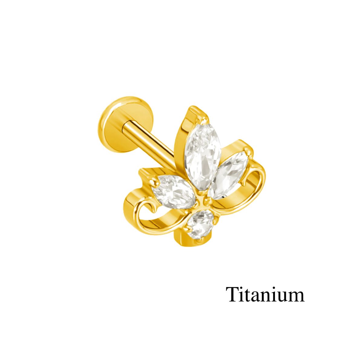 Labret/helix/tragus piercing in gold titanium F136 lotus with white crystals