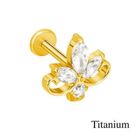 Labret/helix/tragus piercing in goud titanium F136 lotus met witte kristallen