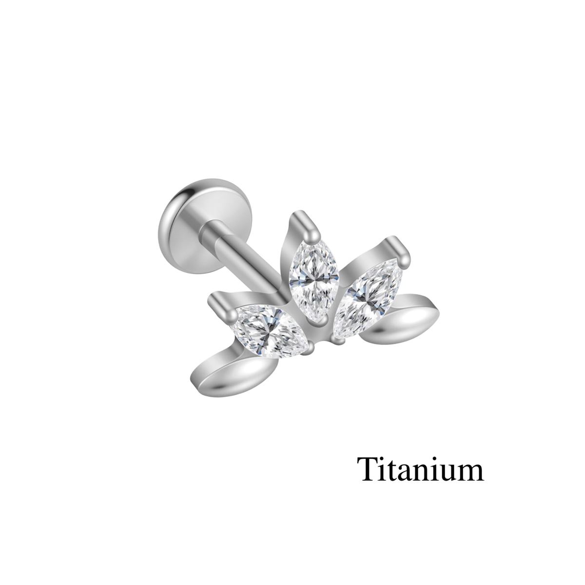 Labret/helix/tragus piercing in titanium F136 motief met 3 witte kristallen