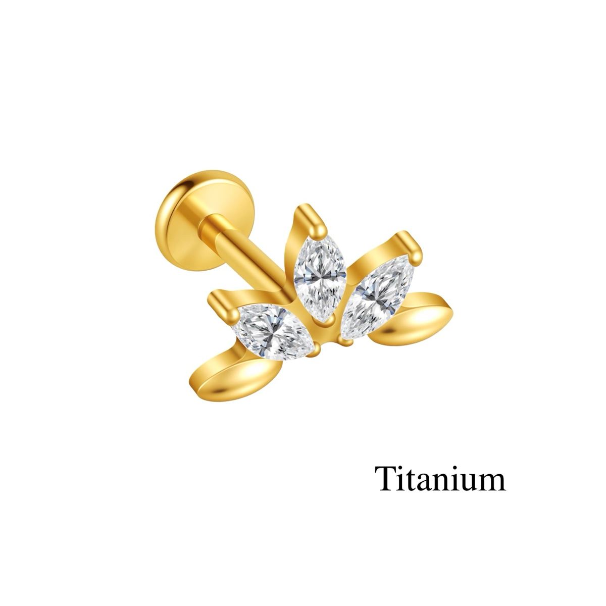 Labret/helix/tragus piercing in goud titanium F136 motief met 3 witte kristallen