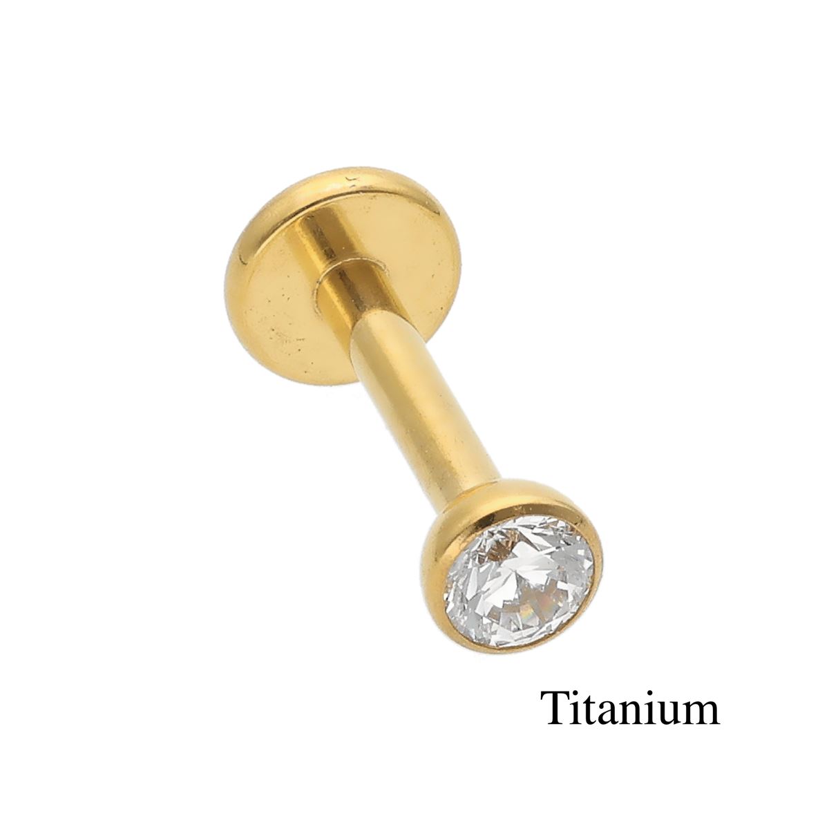 Labret in titanium F136 gold-coloured with internal screw thread and a flat white crystal
