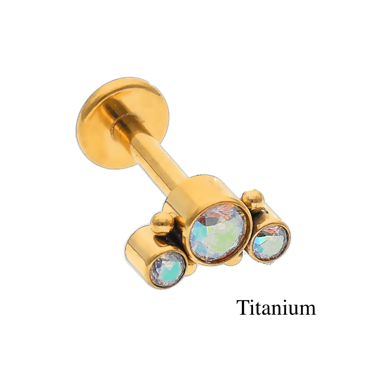 Labret/helix/tragus piercing in gold-coloured titanium F136 loop with 3 A.B. crystals (off-white)