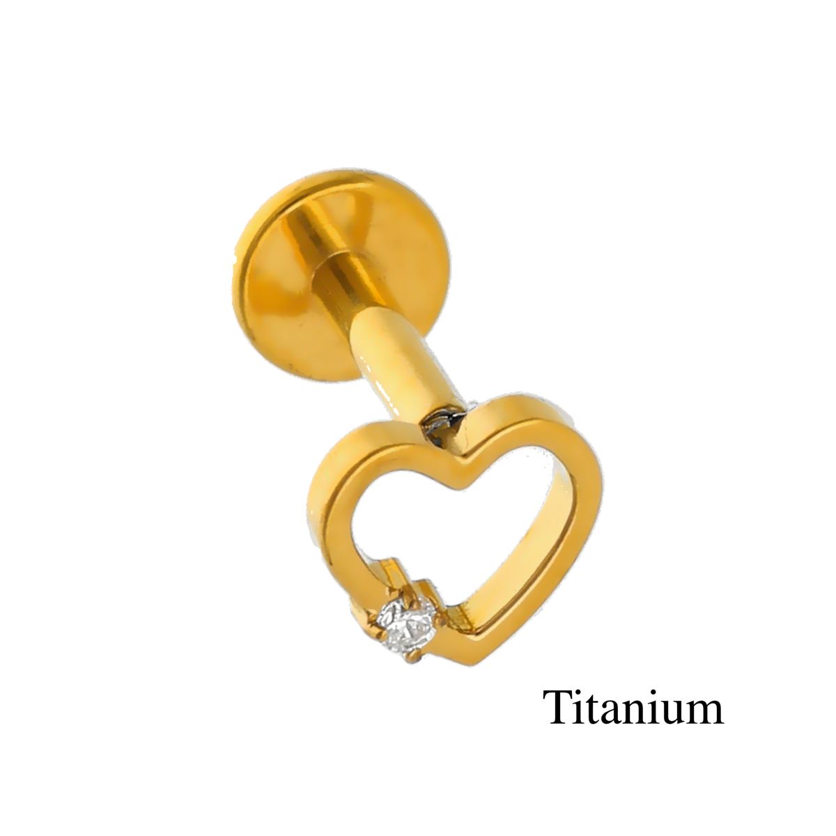 Labret/helix/tragus piercing in gold-plated titanium F136, heart-shaped with a white crystal
