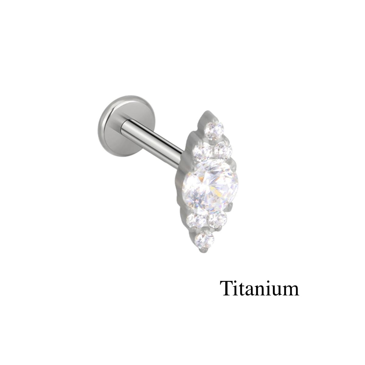 Labret/helix/tragus piercing in titanium, F136 design, set with 7 white crystals