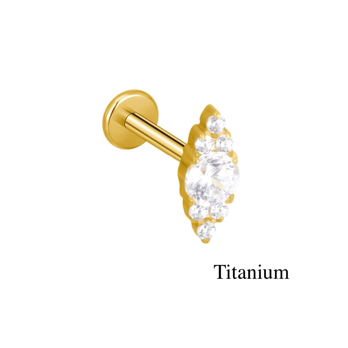 Labret/helix/tragus piercing in gold-coloured titanium F136 design with 7 white crystals