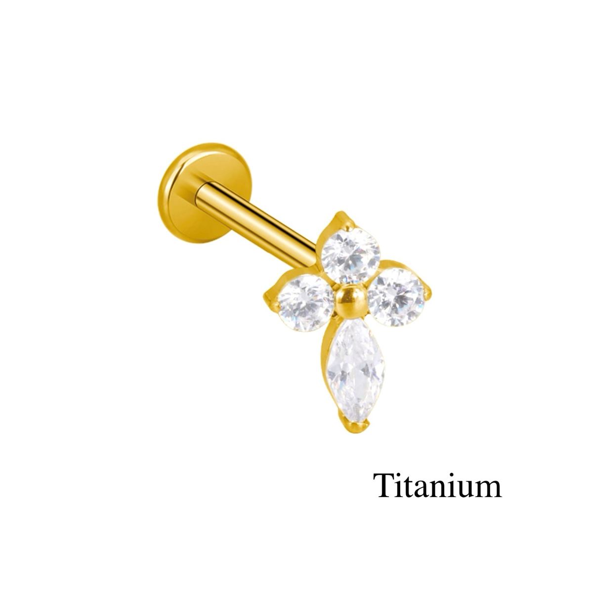 Labret/helix/tragus piercing in gold-coloured titanium F136, featuring a design encrusted with white crystals