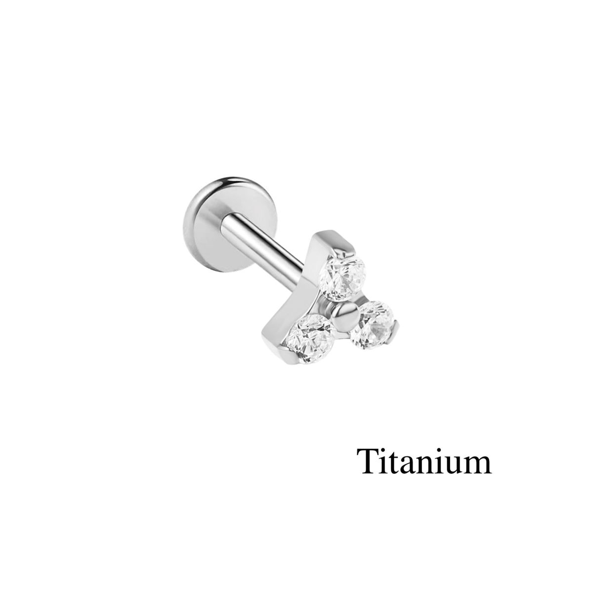 Labret/helix/tragus piercing in titanium F136 driehoek met witte kristallen