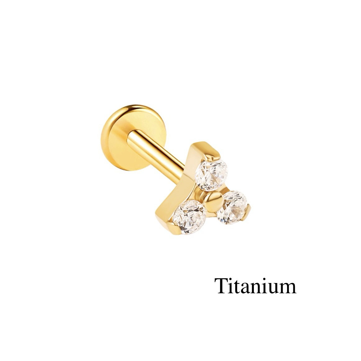 Labret/helix/tragus piercing in goud titanium F136 driehoek met witte kristallen