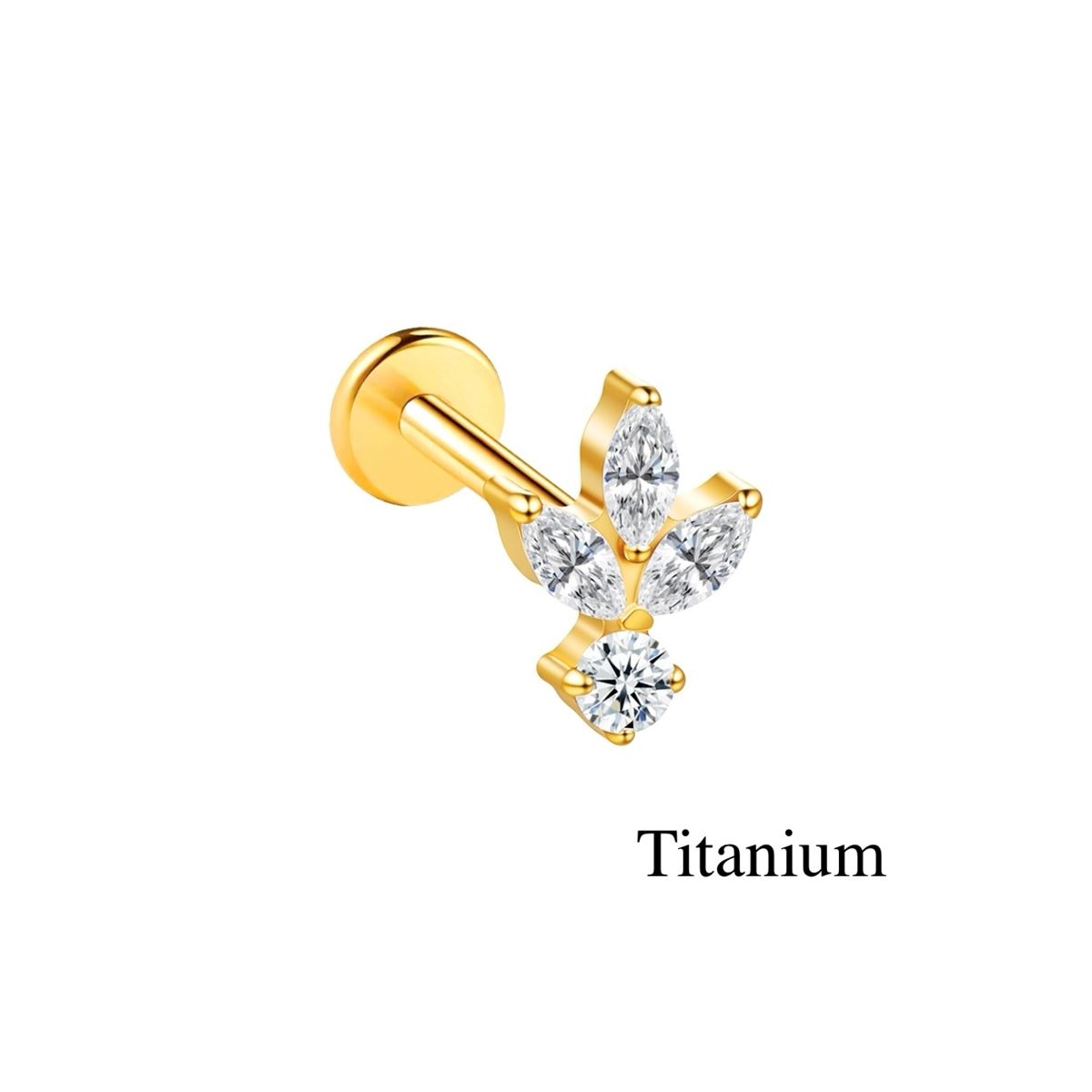 Labret/helix/tragus piercing in goud titanium F136 motief bedekt met witte kristallen