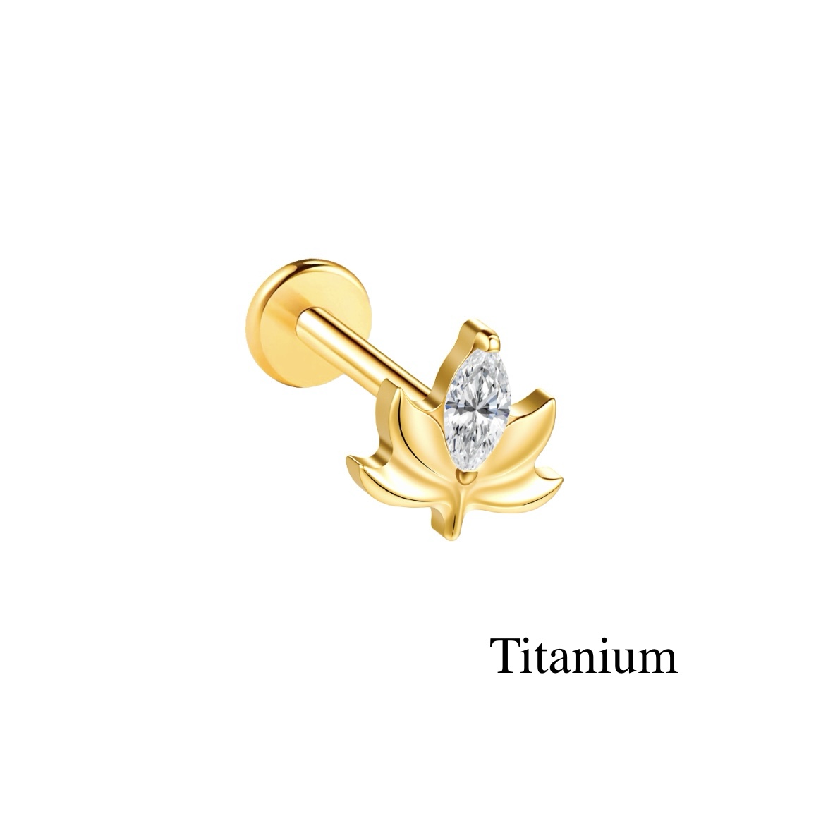 Labret/helix/tragus piercing in goud titanium F136 lotus met een witte kristal