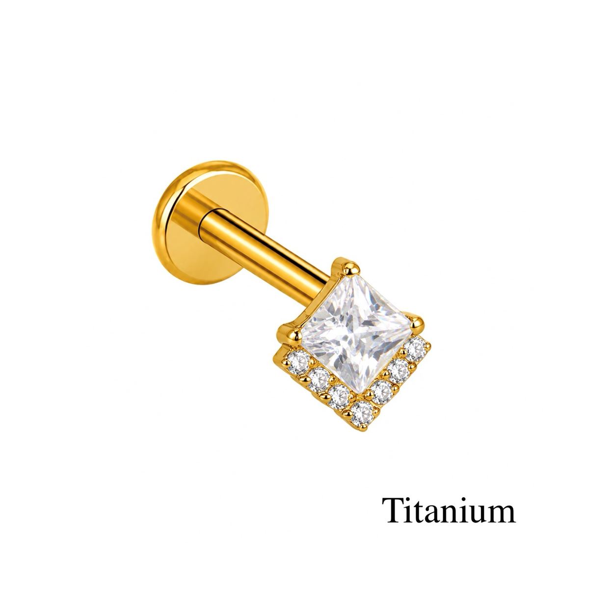 Labret/helix/tragus piercing in gold titanium F136 square with a white crystal