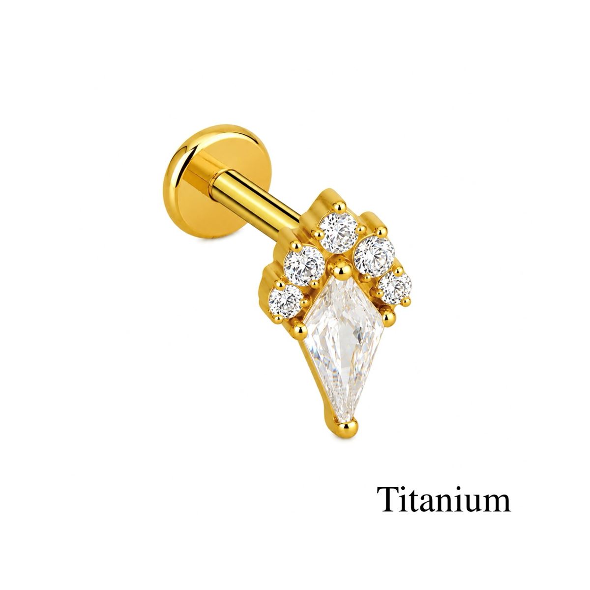 Labret/helix/tragus piercing in gold titanium F136 teardrop covered with white crystals