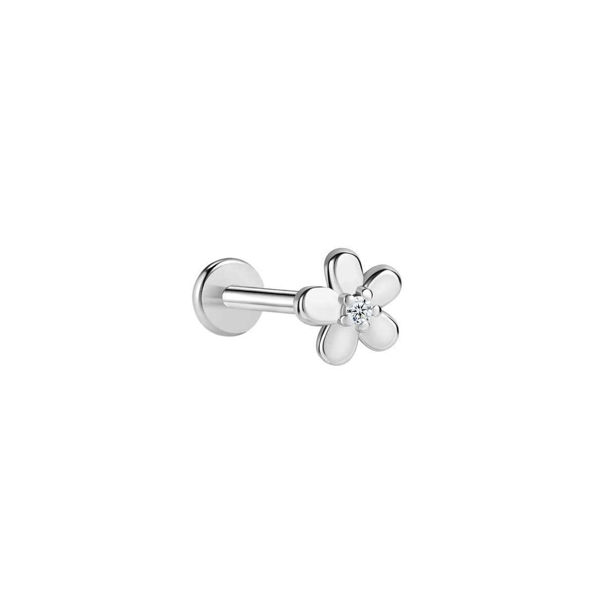 Labret/helix/tragus piercing in surgical steel flower motif with a white crystal