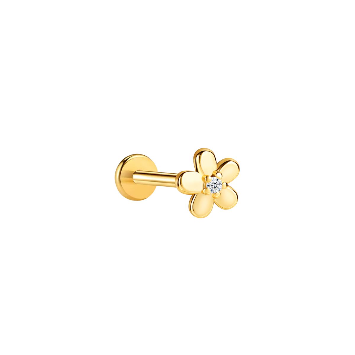 Labret/helix/tragus piercing in gold surgical steel flower motif with a white crystal