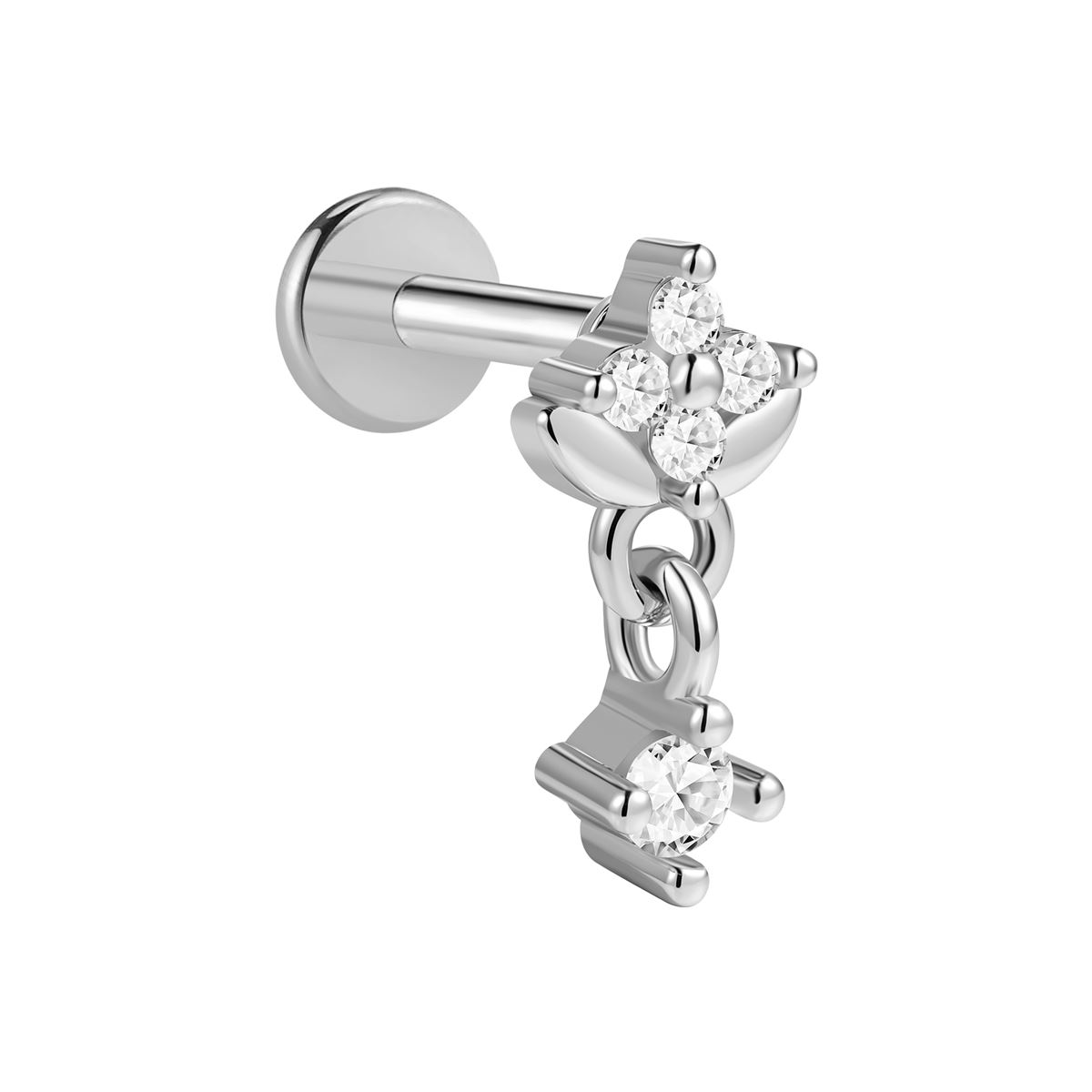 Helix / tragus / labret piercing in surgical steel with flower, dangle charm and white crystals