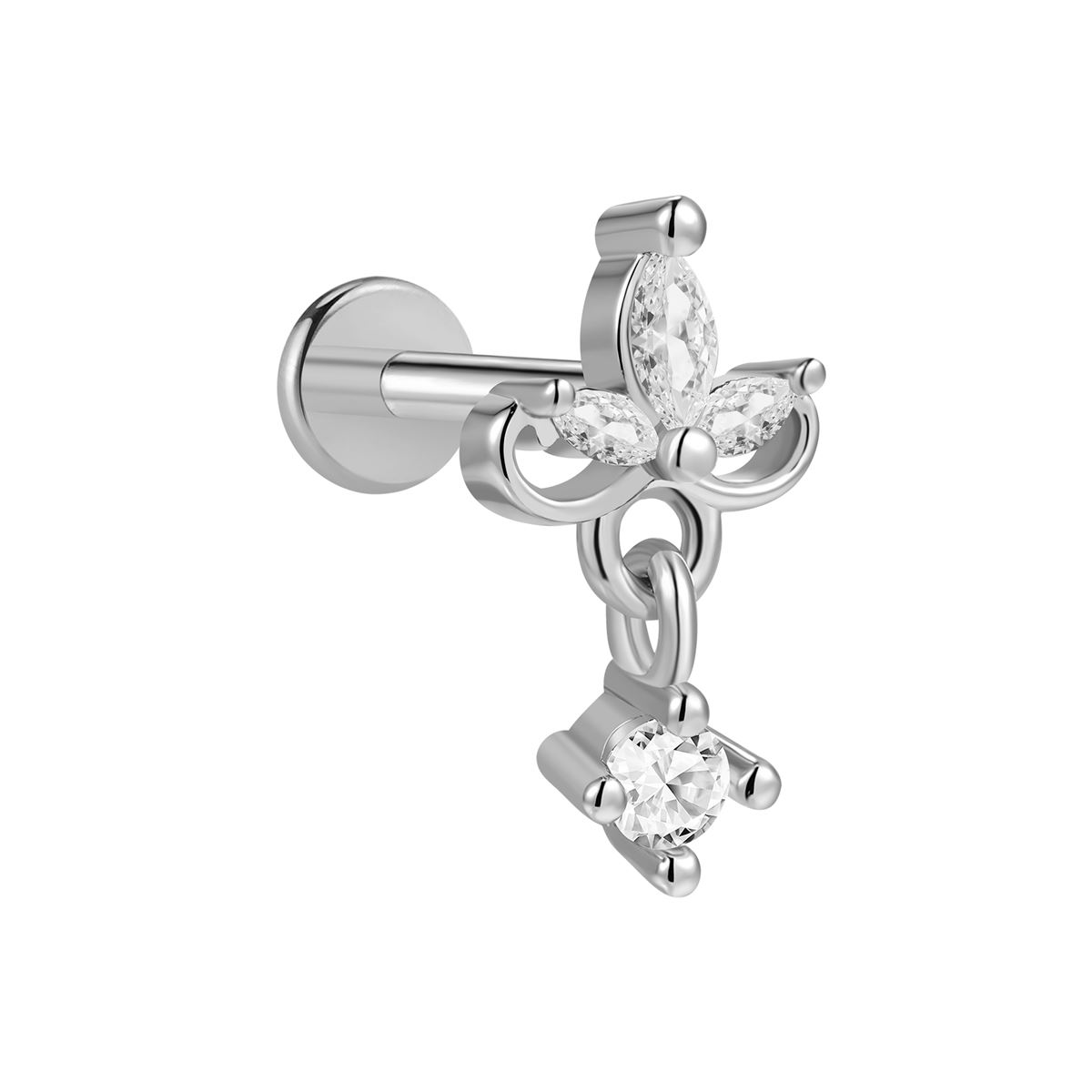 Helix / tragus / labret piercing in chirurgisch staal met bloem, hangertje en witte kristallen