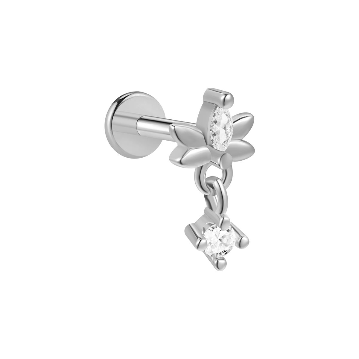 Helix / tragus / labret piercing in chirurgisch staal met vlinder, hangertje en witte kristallen